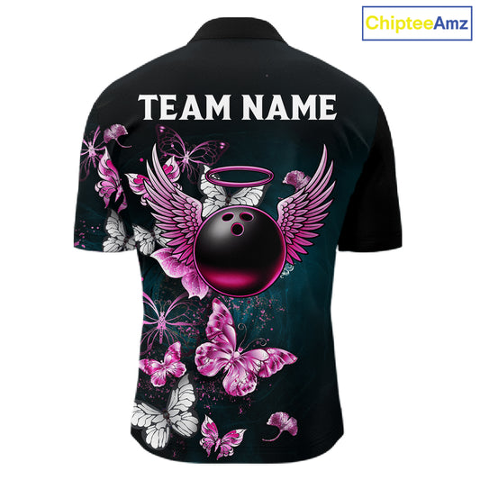 Custom Pink Butterfly Bowling Polo, 1/4 zip jerseys For Men, Bowling Team Shirt With Butterflies NQS11614