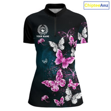 Load image into Gallery viewer, Custom Pink Butterfly Bowling Polo, 1/4 zip jerseys For Women, Bowling Team Shirt With Butterflies NQS11614