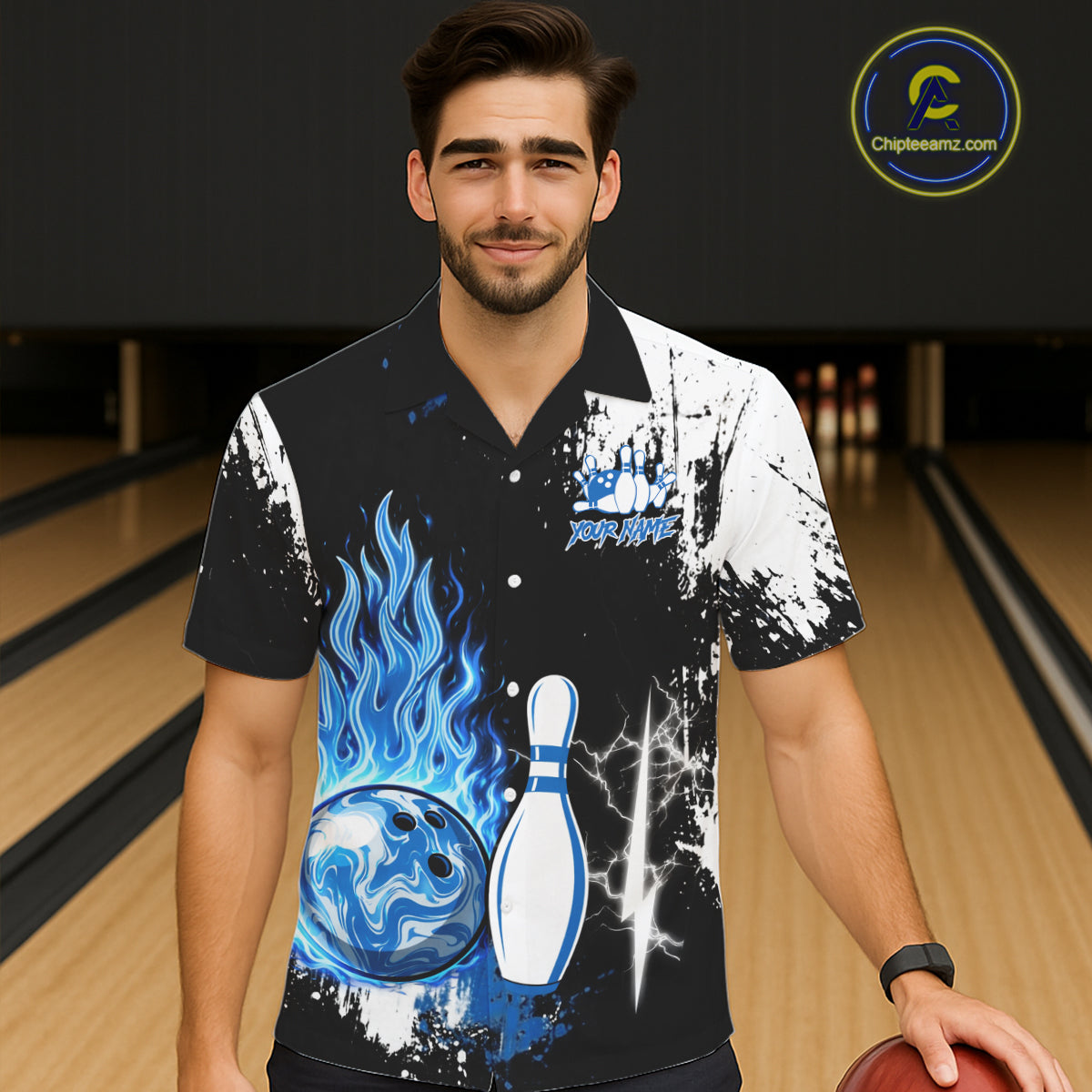 Custom Blue Flame Lightning Thunder Bowling Button-up shirt, black and white bowling team jerseys NQS11617