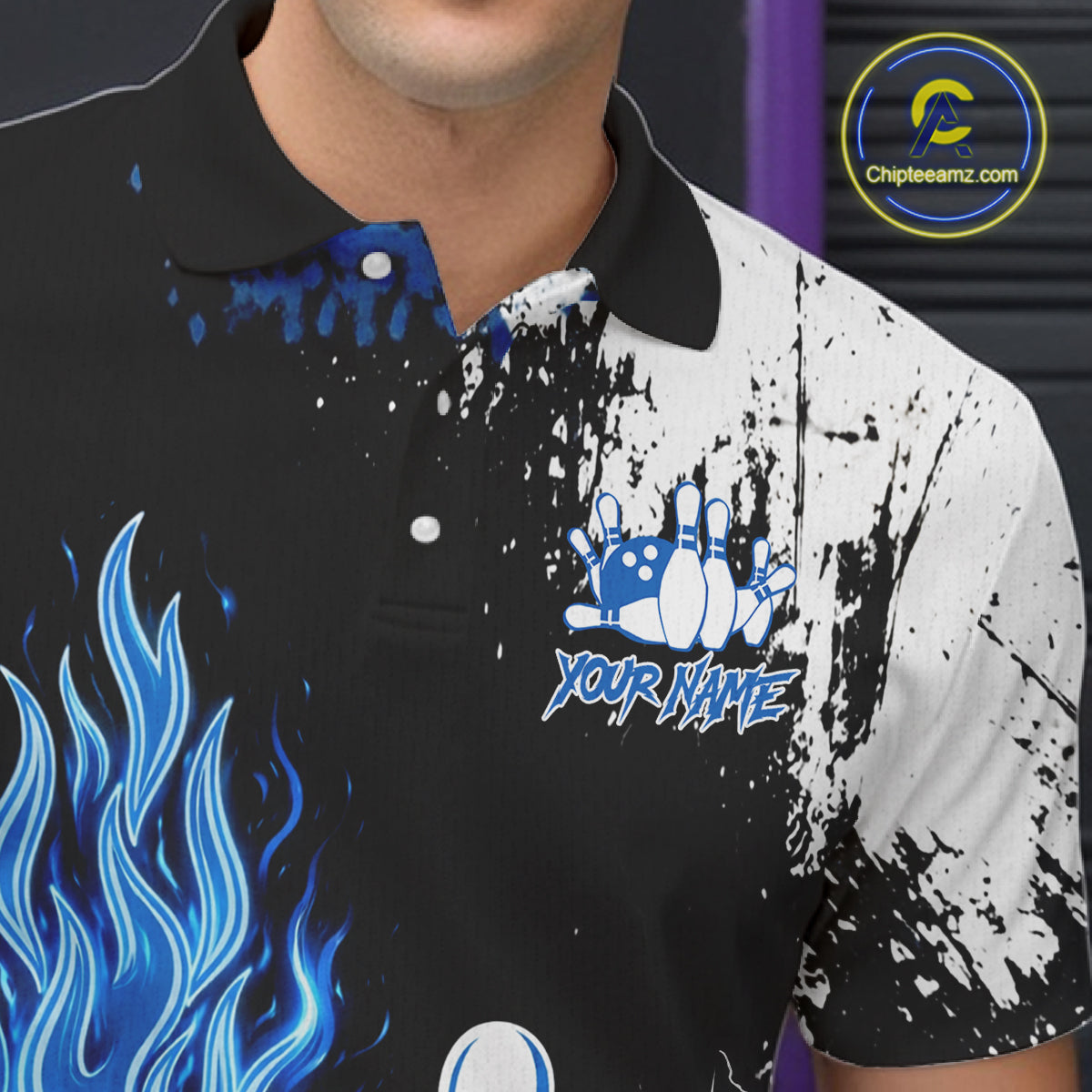 Custom Blue Flame Lightning Thunder Bowling shirts for Men, black and white bowling team jerseys NQS11617