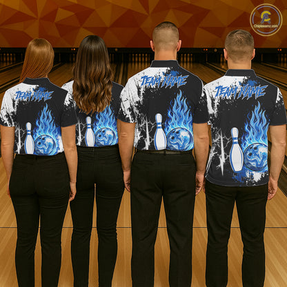 Custom Blue Flame Lightning Thunder Bowling shirts for Women, black and white bowling team jerseys NQS11617