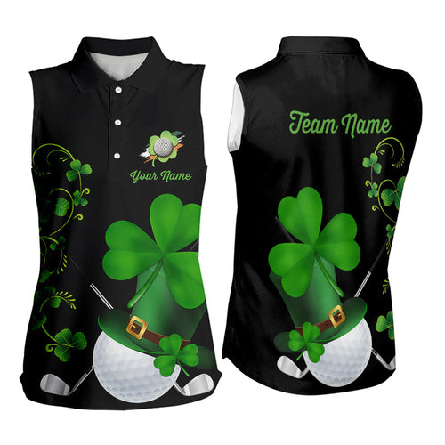 Green shamrock Lucky Women sleeveless polo golf shirts Custom St Patrick Day black team golf jerseys NQS9644
