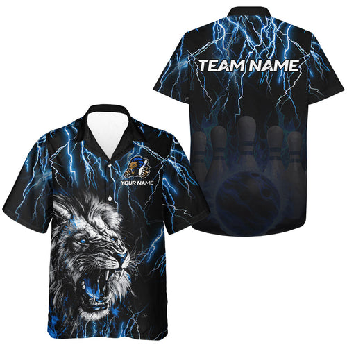 Black and Blue Lightning Thunder Lion Bowling Hawaiian Shirt Custom Lion Bowling Team Button up Shirt NQS9645