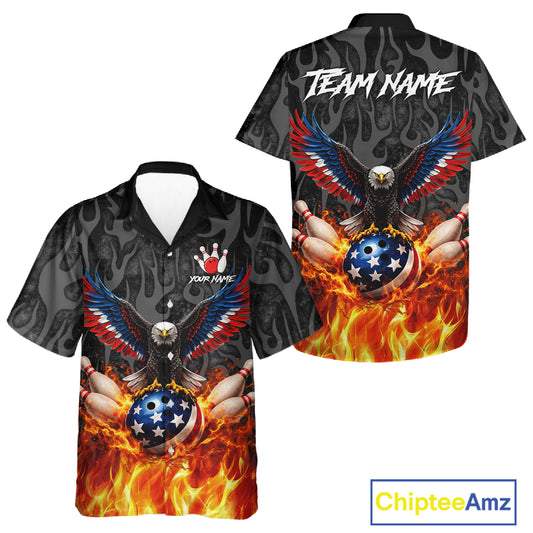 Black & Orange Flame American Flag Eagle Bowling Button-up Shirt Custom Patriotic Bowling Team Jersey NQS11722