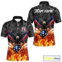 Load image into Gallery viewer, Black and Orange Flame American Flag Eagle Bowling Shirt For Men Custom Patriotic Bowling Team Jersey NQS11722