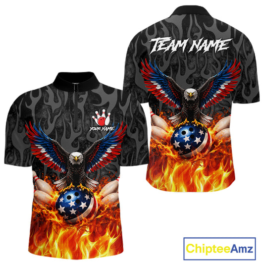 Black and Orange Flame American Flag Eagle Bowling Shirt For Men Custom Patriotic Bowling Team Jersey NQS11722