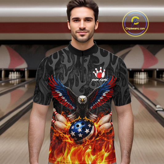 Black and Orange Flame American Flag Eagle Bowling Shirt For Men Custom Patriotic Bowling Team Jersey NQS11722