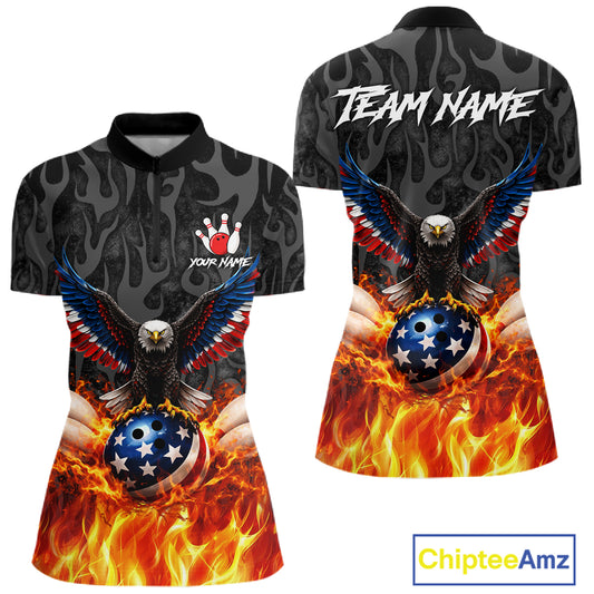 Black & Orange Flame American Flag Eagle Bowling Shirt For Women Custom Patriotic Bowling Team Jersey NQS11722
