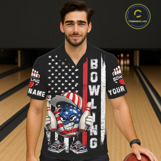 Black American Flag Funny Bowling Button-up Shirt Custom Patriotic Hawaiian Bowling Team Jersey NQS11723