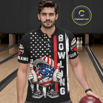 Black American Flag Funny Bowling Polo, 1/4 Zip Shirt For Men Custom Patriotic Bowling Team Jersey NQS11723