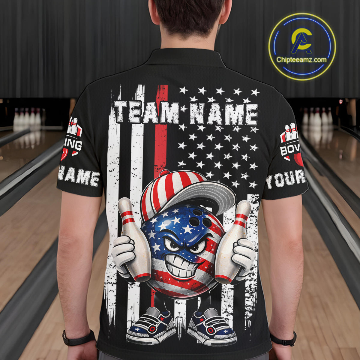 Black American Flag Funny Bowling Polo, 1/4 Zip Shirt For Men Custom Patriotic Bowling Team Jersey NQS11723