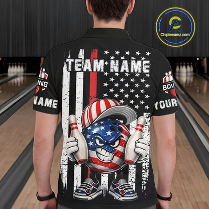 Black American Flag Funny Bowling Polo, 1/4 Zip Shirt For Men Custom Patriotic Bowling Team Jersey NQS11723