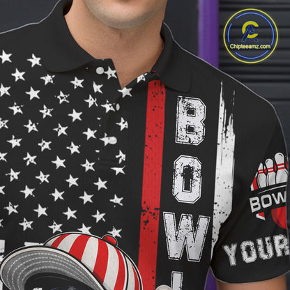 Black American Flag Funny Bowling Polo, 1/4 Zip Shirt For Men Custom Patriotic Bowling Team Jersey NQS11723