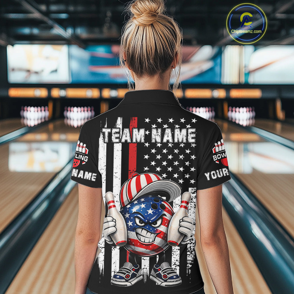 Black American Flag Funny Bowling Polo, 1/4 Zip Shirt For Women Custom Patriotic Bowling Team Jersey NQS11723