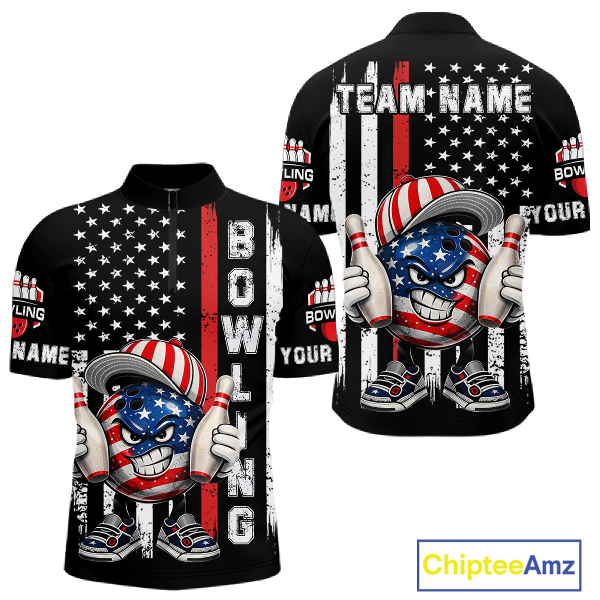 Black American Flag Funny Bowling Polo, 1/4 Zip Shirt For Men Custom Patriotic Bowling Team Jersey NQS11723