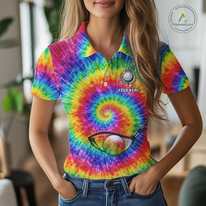 Colorful rainbow tie-dye golf polo shirt for Women custom Ladies golf outfit, personalized golf gifts NQS11724