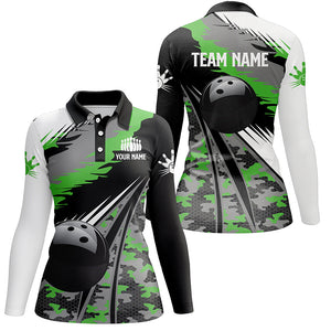 Womens bowling polo shirts Custom black ball green camo Bowling Team Jersey, gift for Bowlers NQS5422