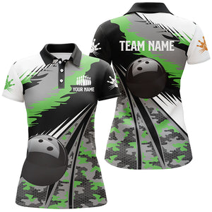 Womens bowling polo shirts Custom black ball green camo Bowling Team Jersey, gift for Bowlers NQS5422