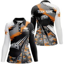 Load image into Gallery viewer, Womens bowling polo shirts Custom black ball orange camo Bowling Team Jersey, gift for Bowlers NQS5423