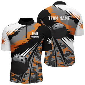 Men's bowling Quarter Zip shirts Custom black ball orange camo Bowling Team Jersey, gift for Bowlers NQS5423