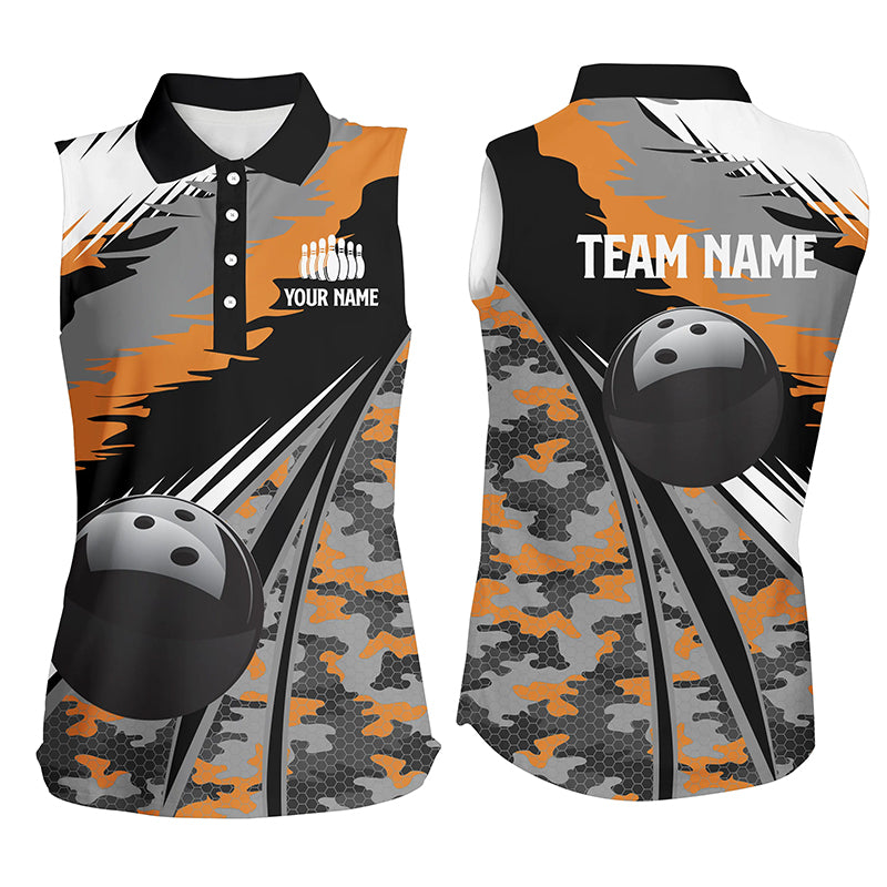 Women bowling sleeveless polo shirt Custom black ball orange camo Bowling Team Jersey, gift for Bowler NQS5423