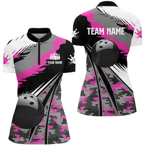 Womens bowling Quarter Zip shirts Custom black ball pink camo Bowling Team Jersey, gift for Bowlers NQS5424