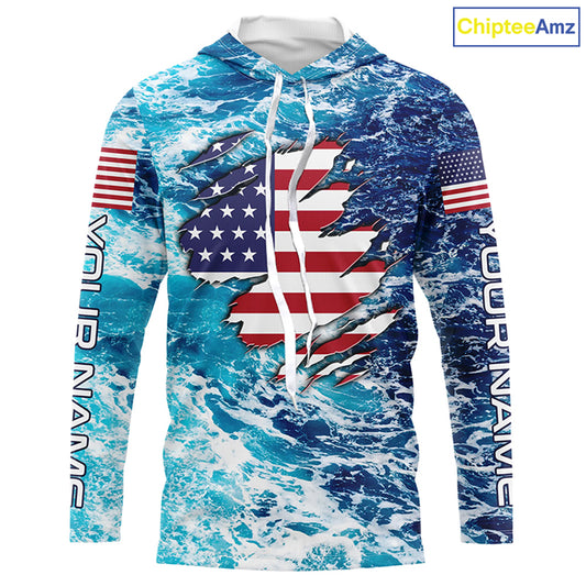 Blue sea wave ocean camo American flag patriot shirt Custom sun protection fishing long sleeve shirts NQS5429