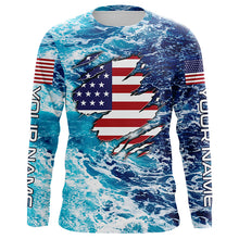 Load image into Gallery viewer, Blue sea wave ocean camo American flag patriot shirt Custom sun protection fishing long sleeve shirts NQS5429