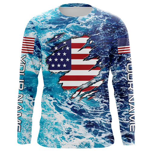 Blue sea wave ocean camo American flag patriot shirt Custom sun protection fishing long sleeve shirts NQS5429