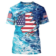 Load image into Gallery viewer, Blue sea wave ocean camo American flag patriot shirt Custom sun protection fishing long sleeve shirts NQS5429