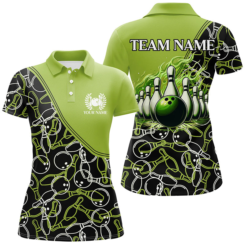 Bowling shirts for women custom name, team name Green camo Bowling Ball and Pins, team bowling jerseys NQS7782