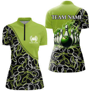 Bowling shirts for women custom name, team name Green camo Bowling Ball and Pins, team bowling jerseys NQS7782