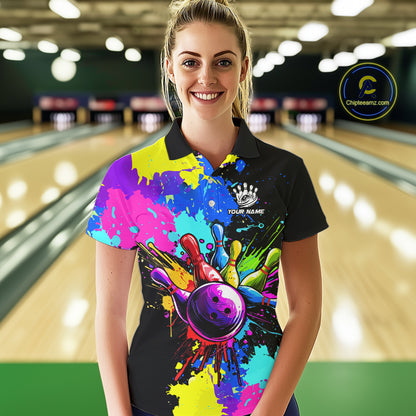 Colorful bowling jerseys Bowling Polo, 1/4 Zip Shirt for Women Custom Bowling Team shirt for bowlers NQS10240