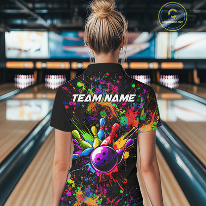 Colorful watercolor Bowling Polo, 1/4 Zip Shirt for Women Custom Bowling Team jersey for bowlers NQS10242