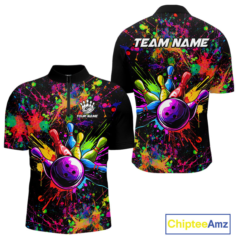 Colorful watercolor Bowling Polo, 1/4 Zip Shirt for mens Custom Bowling Team jersey for bowlers NQS10242