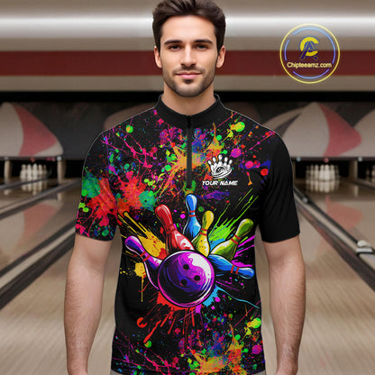 Colorful watercolor Bowling Polo, 1/4 Zip Shirt for mens Custom Bowling Team jersey for bowlers NQS10242