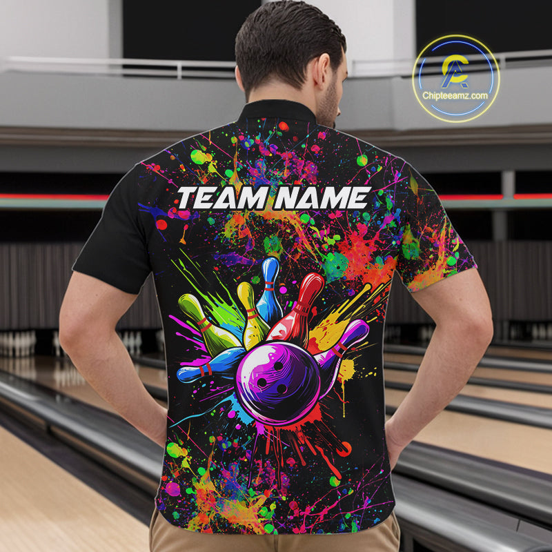 Colorful watercolor Bowling Polo, 1/4 Zip Shirt for mens Custom Bowling Team jersey for bowlers NQS10242