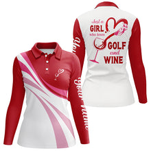 Load image into Gallery viewer, Red and white Womens golf polo shirts custom just a girl who loves golf and wine golf tops for women NQS6105