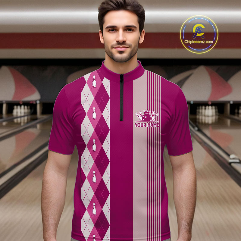 Retro Pink argyle pattern Bowling shirts For Men custom bowling team jerseys Bowler Outfits NQS10403