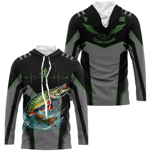 Personalized Black Northern Pike Fishing jersey, Team Pike Fishing Long Sleeve tournament shirt| Green NQS6318