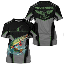 Load image into Gallery viewer, Personalized Black Northern Pike Fishing jersey, Team Pike Fishing Long Sleeve tournament shirt| Green NQS6318