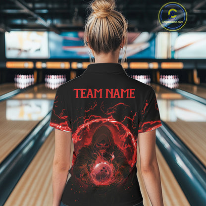 Women bowling polo, 1/4 zip shirts Custom red flame skull bowling team jerseys, gift for Bowlers NQS10612