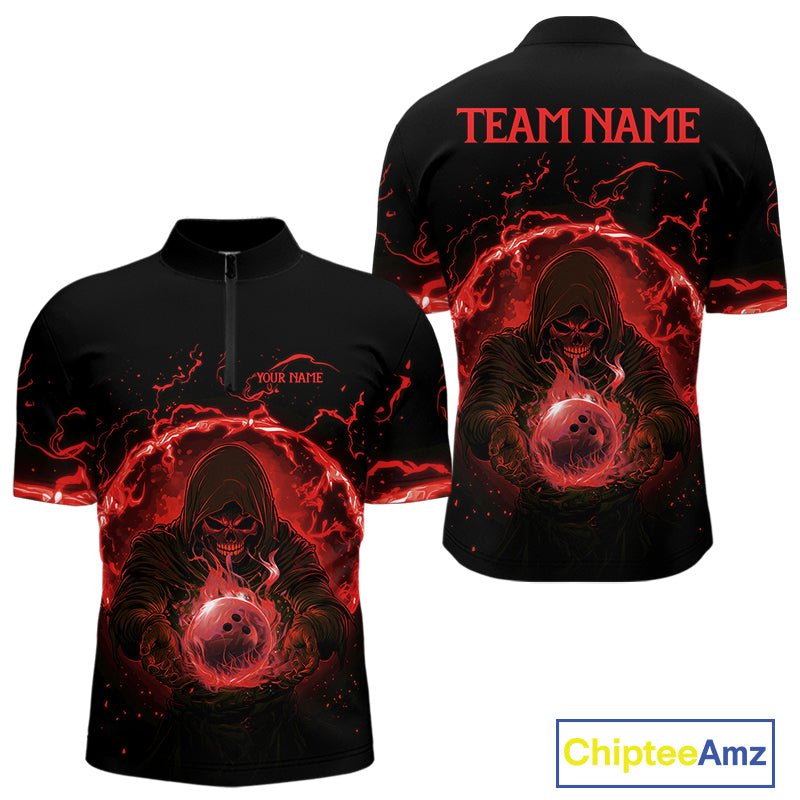 Mens bowling polo, 1/4 zip shirts Custom red flame skull bowling team jerseys, gift for Bowlers NQS10612