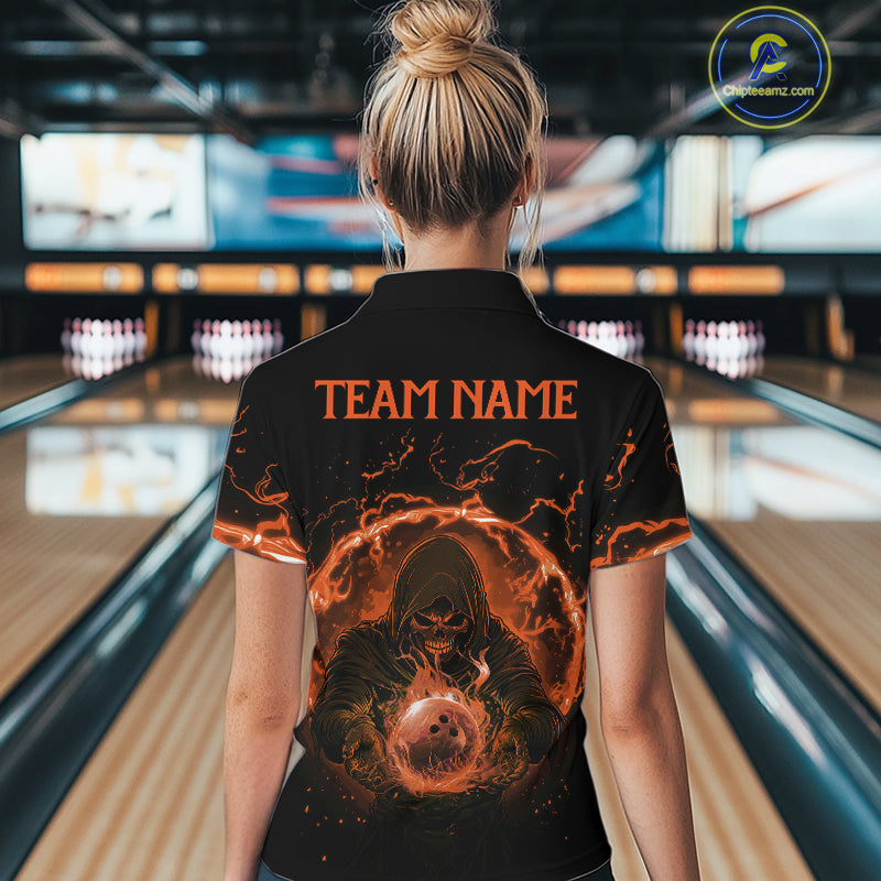 Women bowling polo, 1/4 zip shirts Custom orange flame skull bowling team jerseys, gift for Bowlers NQS10613