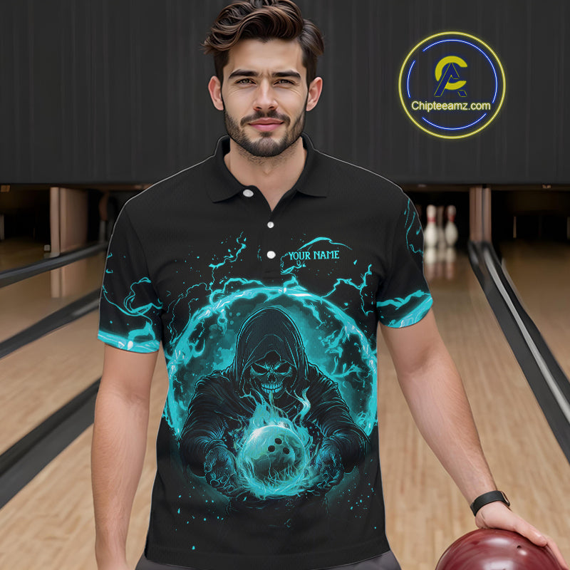 Mens bowling polo, 1/4 zip shirts Custom cyan blue flame skull bowling team jerseys, gift for Bowlers NQS10614
