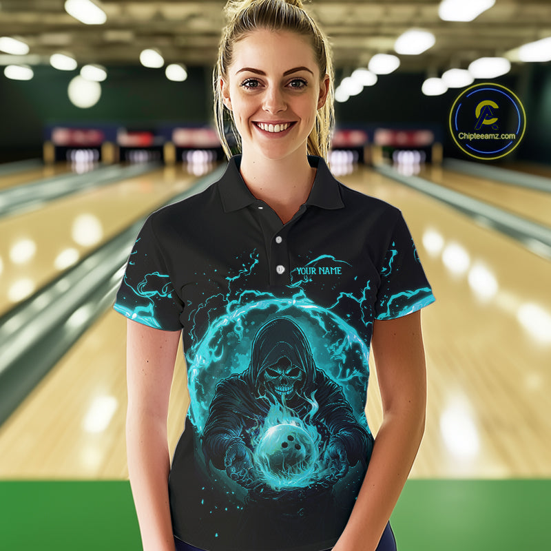 Women bowling polo, 1/4 zip shirts Custom cyan blue flame skull bowling team jersey, gift for Bowlers NQS10614