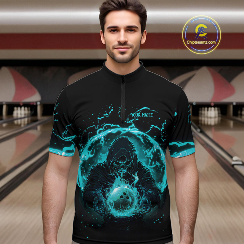 Mens bowling polo, 1/4 zip shirts Custom cyan blue flame skull bowling team jerseys, gift for Bowlers NQS10614