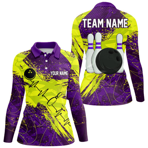 Yellow and Purple Grunge Camo Heartbeat Bowling Shirts For Women Custom Bowling Team Jersey NQS8670