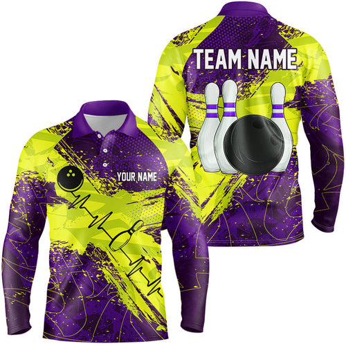 Yellow and Purple Grunge Camo Heartbeat Bowling Polo, 1/4 Zip Shirt For Men Custom Bowling Team Jersey NQS8670