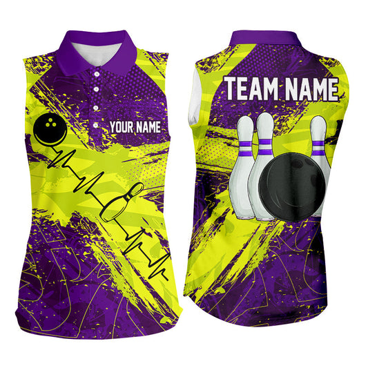 Yellow and Purple Grunge Camo Heartbeat Bowling Sleeveless Polo Shirts Custom Bowling Team Jersey NQS8670